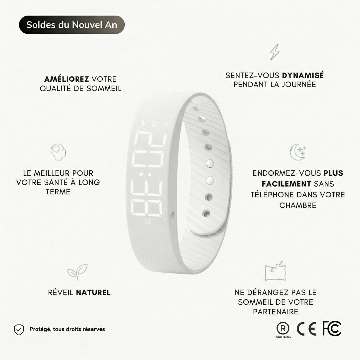 RiseFloow - Bracelet Réveil Vibrant Blanc